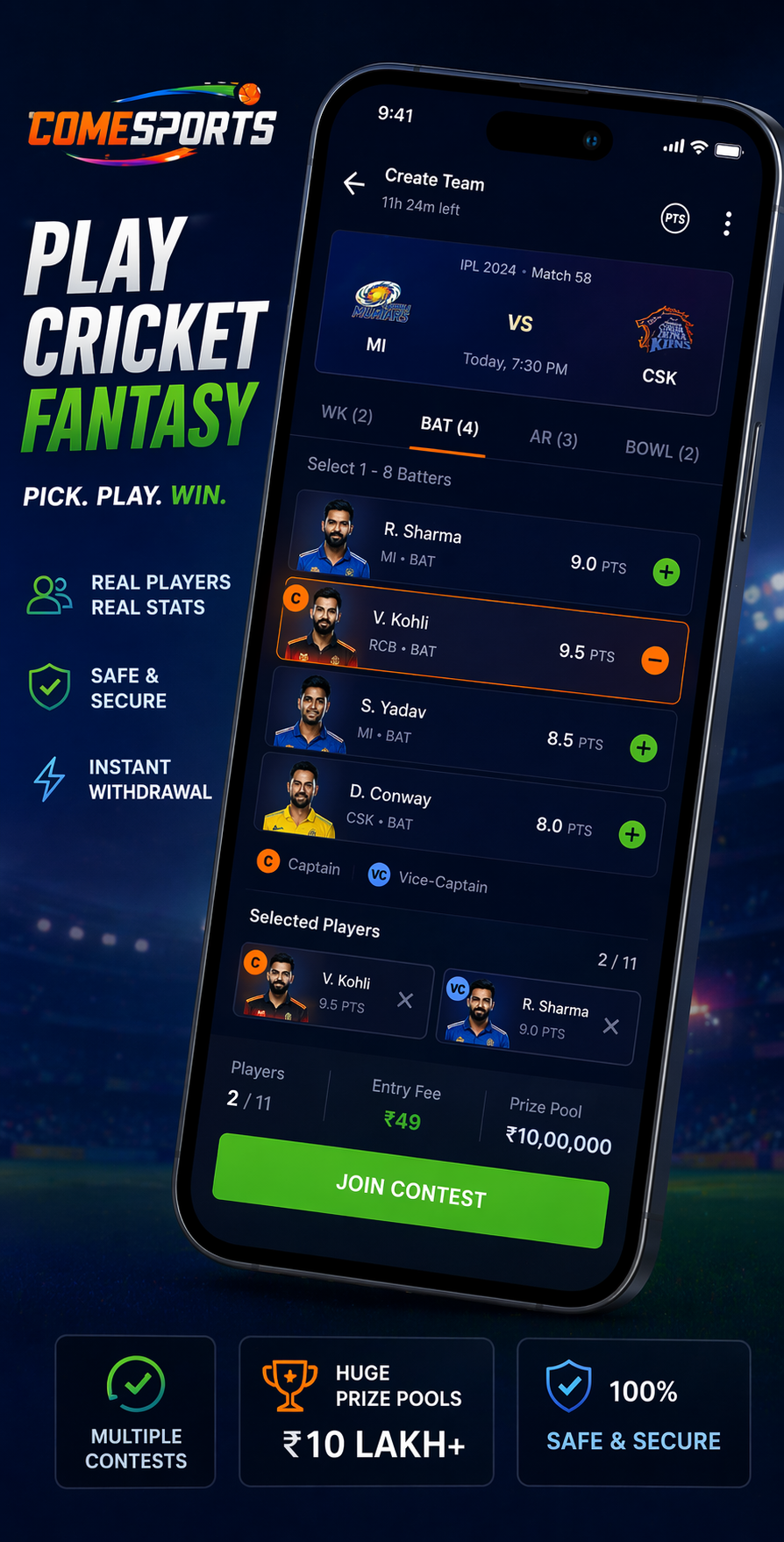 Come Play Pro cricket fantasy visual